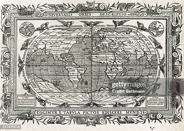 World Map, 1590: Johannes Myrtius, "Opusculum Geographicum," Ingolstadt, 1590. Printed by Wolfgang Eder. World map with the Northeast of America...