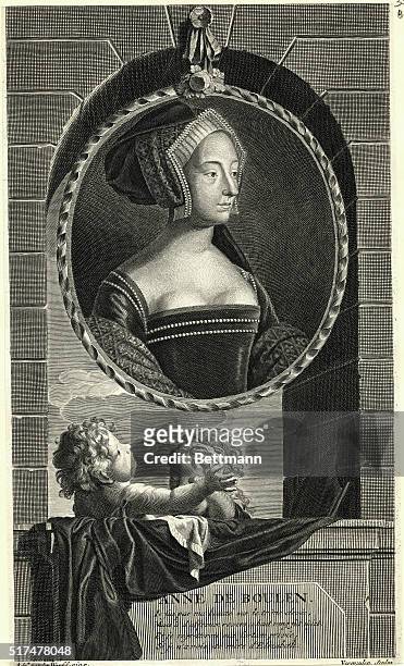 Portrait of Anne Boleyn , second Queen of Henry VIII of England. Her marriage to Henry led to his establishment of the Church of England. Convicted...