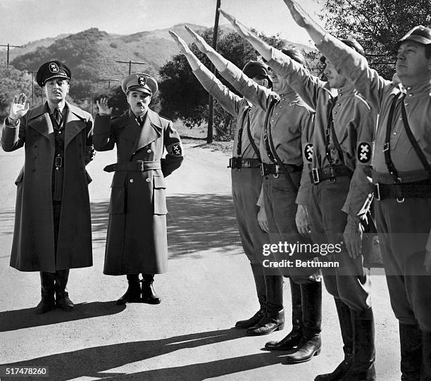 Actor and director Charlie Chaplin in a scene from his 1940 film The Great Dictator.