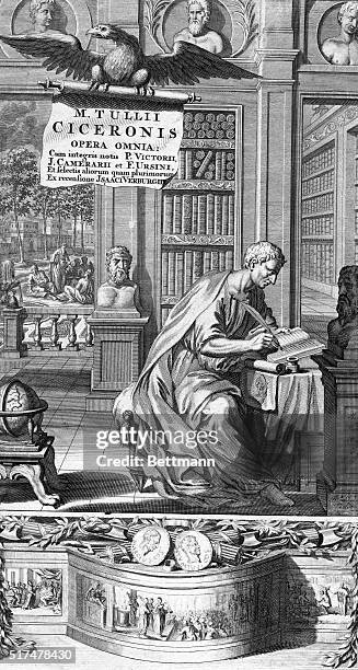 Picture shows Marcus Tulius Cicero , Roman orator and defender of the Republic. He is shown writing in his study. Undated engraving.