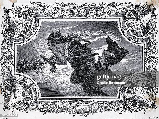 An undated engraving depicting a witch flying on a broom.