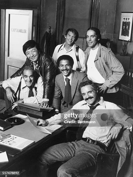 Premiere. Hal Linden , as Capt. Barney Miller, poses in a rare moment of relaxation, with members of his staff in their New York City precinct house,...
