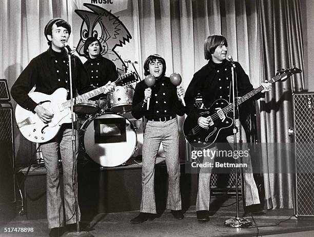 Scene from the US television series, The Monkees, featuring the pop singing group, The Monkees, who include, left to right, Michael Nesmith, Mickey...