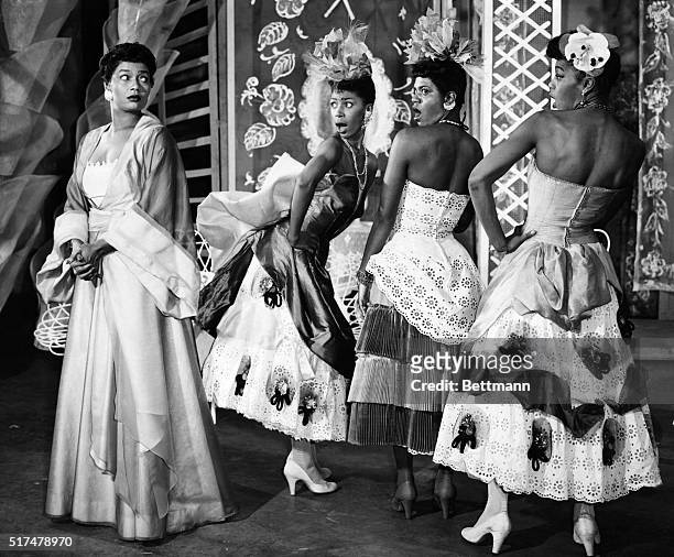 Pearl Bailey as Madame Fleur with her three flowers, L to R: Tulip, Josephine Premice, Pansy, Enid Mosier, Gladiola, Enid Moore, in House of Flowers.