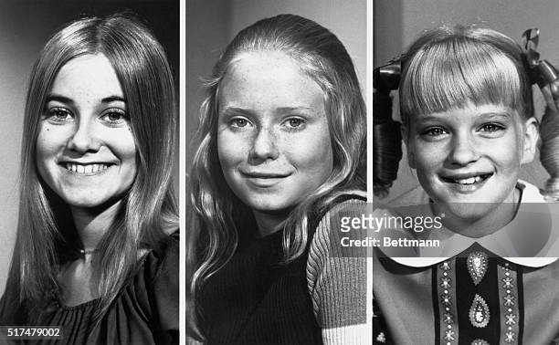 The younger female stars of The Brady Bunch, left to right, Maureen McCormick as Marcia Brady, Eve Plumb as Jan Brady, and Susan Olsen as Cindy Brady.