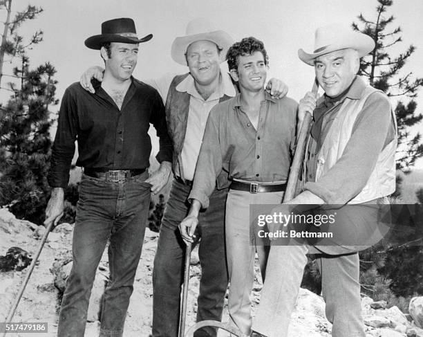Publicity photo from the TV series Bonanza, left to right are: Pernell Roberts as Adam Cartwright; Dan Blocker as Hoss Cartwright; Mike Landon as...