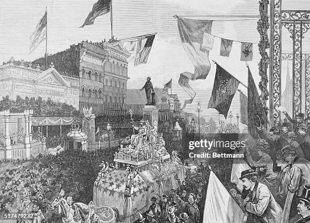 Louisiana: The Carnival At New Orleans. The drawing of the famous Mardi Gras festival shows a parade full of floats and costumes going by.