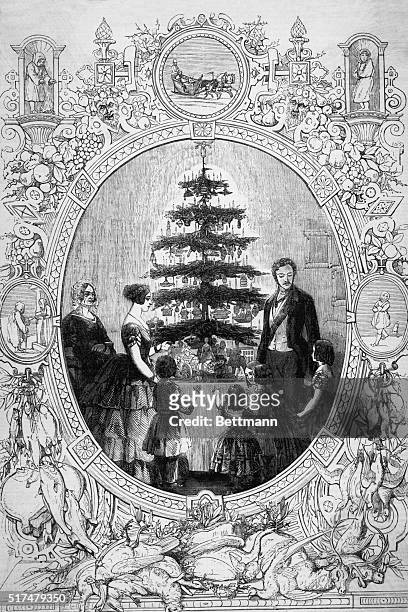 All illustration from a December 1848 edition of the Illustrated London News shows the Duchess of Kent, Queen Victoria, and Prince Albert with...