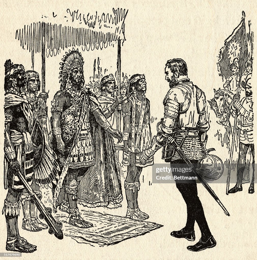 Illustration of Meeting Between Cortes and Montezuma