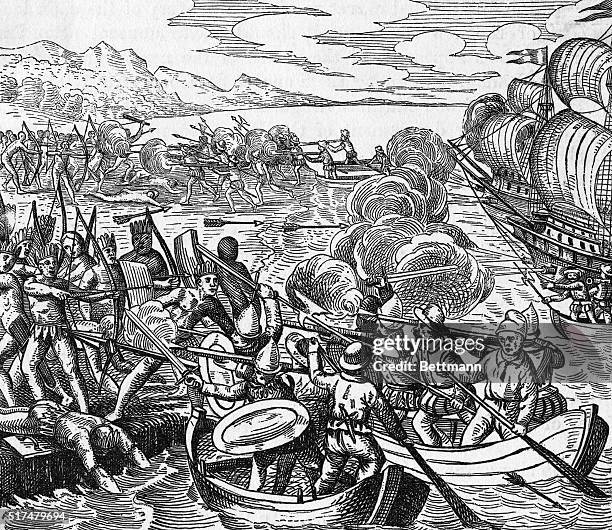 Illustration of Amerigo Vespucci's sailors fighting with Native Americans at the continent. Undated illustration.