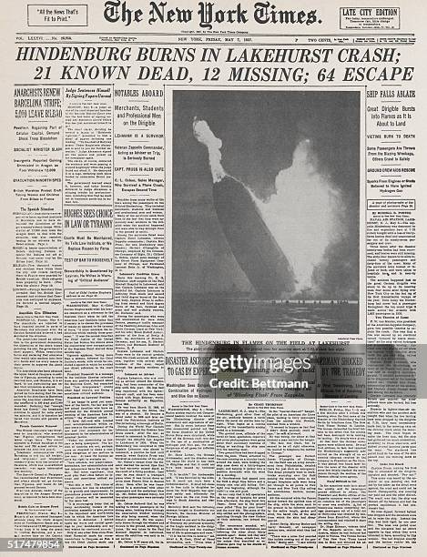 New York Times front page headlines the day after the Hindenburg disaster, May 7, 1937.