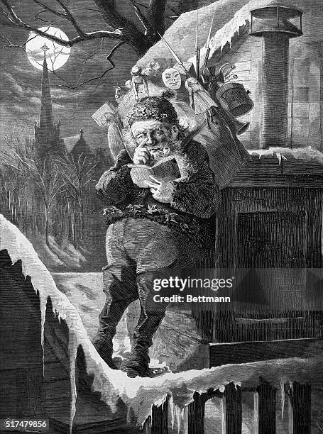 Santa Claus leans his pack against a chimney and gives a salute. 1870 engraving by C.G. Bush.