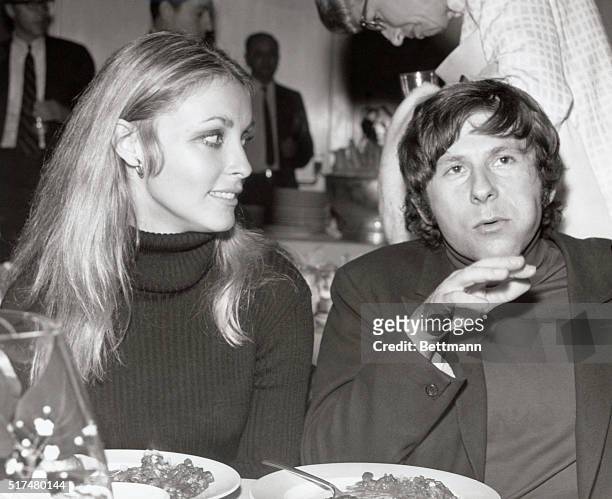Newlyweds Roman Polanski and Sharon Tate, famed European director and bride is shown. The actress and director are wearing matching turtleneck...