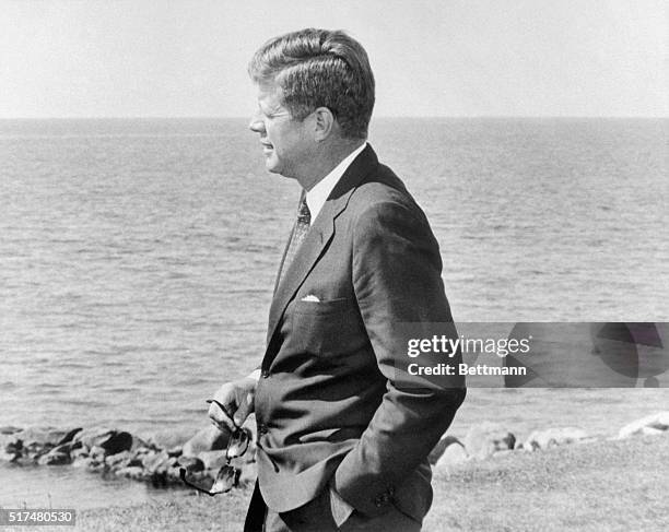 Serious President John Fitzgerald Kennedy, his Labor Day holiday marred by reports of world-wide difficulties especially in Vietnam and Alabama,...