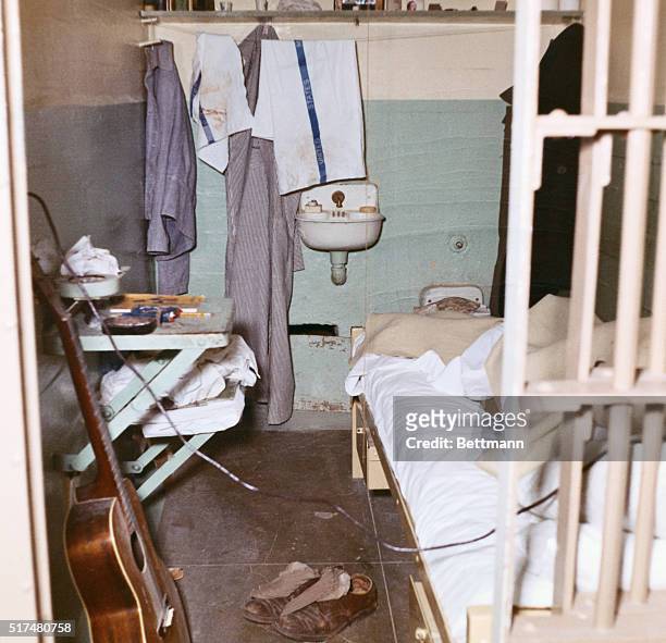Here is one of the cells in Cell Block B in Alcatraz Prison in San Francisco Bay from which three prisoners escaped 6/12. Photo shows view of...