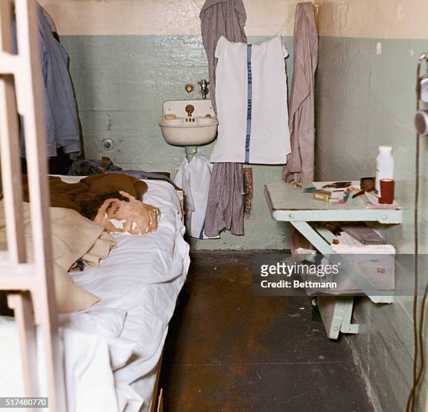 Here is one of the cells in Cell Block B in Alcatraz Prison in San Francisco Bay from which three prisoners escaped 6/12. This photo shows the entire...