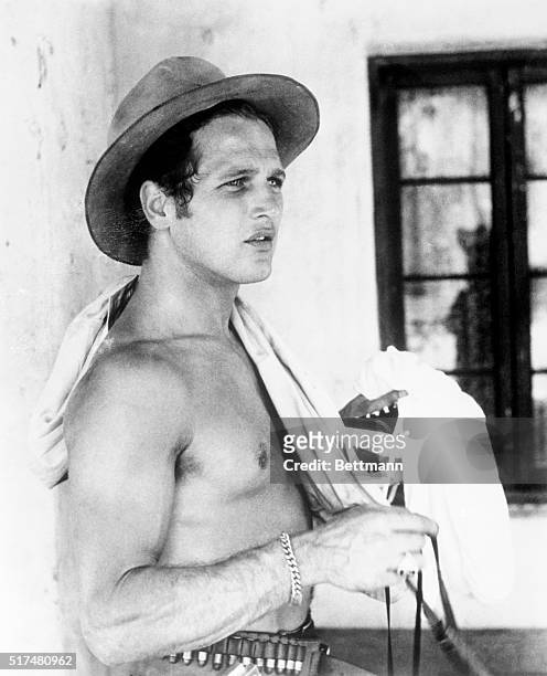 Actor Paul Newman, close-up barechested, on the set of Billy the Kid, released as The Left Handed Gun, directed by Arthur Penn.