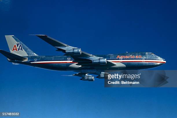 General view of American Airlines Boeing 747 Astrojet in flight.