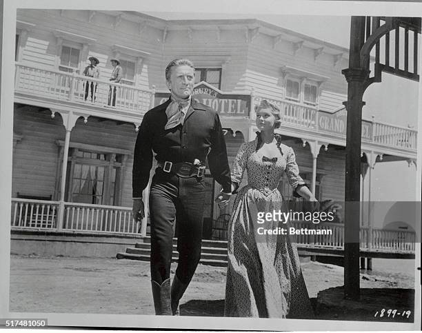 Carol Lynley and Kirk Douglas are shown in a scene from the movie The Last Sunset, directed by Robert Aldrich.