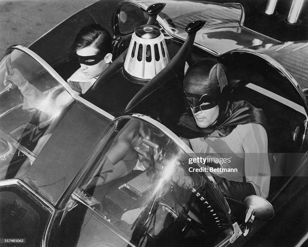 Burt Ward and Adam West in Batmobile Scene