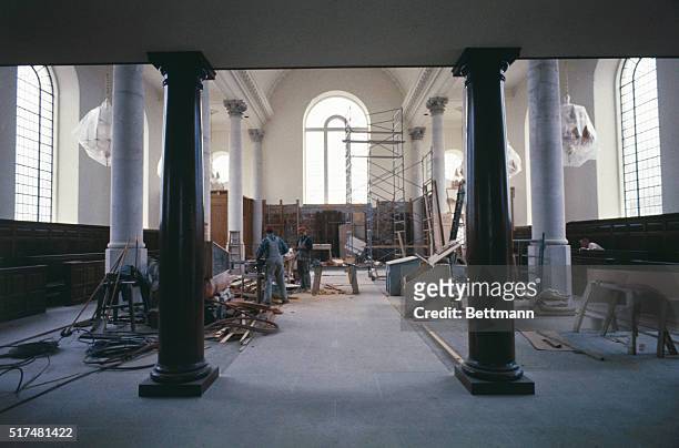 Workmen are still busy reconstructing the St. Mary Albermanbury Church , which was shipped here stone by stone from London to be part of the Winston...