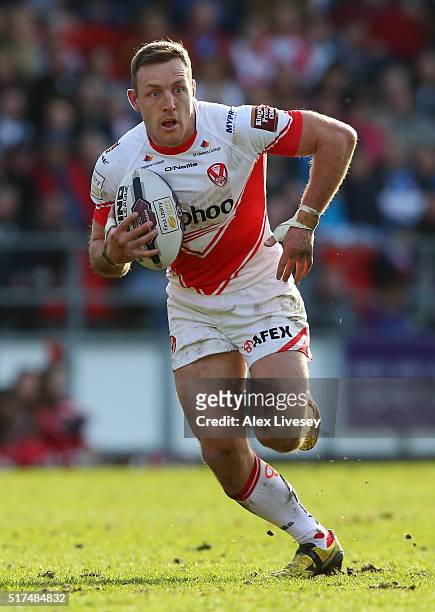 James Roby of St Helens runs with the ball during the First Utility Super League match between St Helens and Wigan Warriors at Langtree Park on March...
