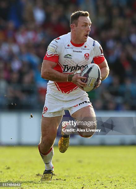 James Roby of St Helens runs with the ball during the First Utility Super League match between St Helens and Wigan Warriors at Langtree Park on March...