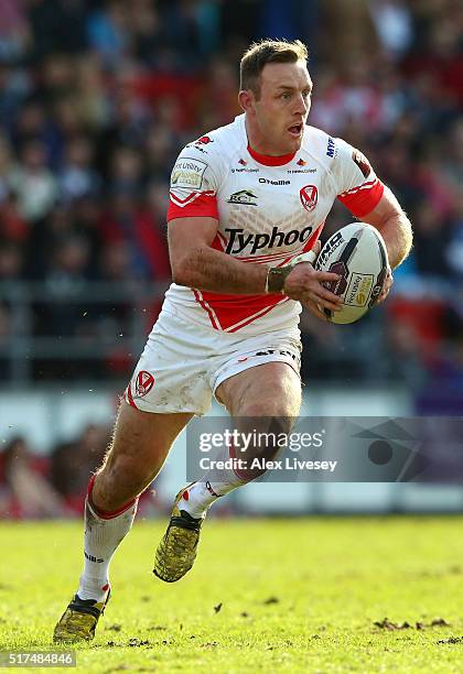 James Roby of St Helens runs with the ball during the First Utility Super League match between St Helens and Wigan Warriors at Langtree Park on March...