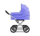 Side view of baby stroller isolated on white background.