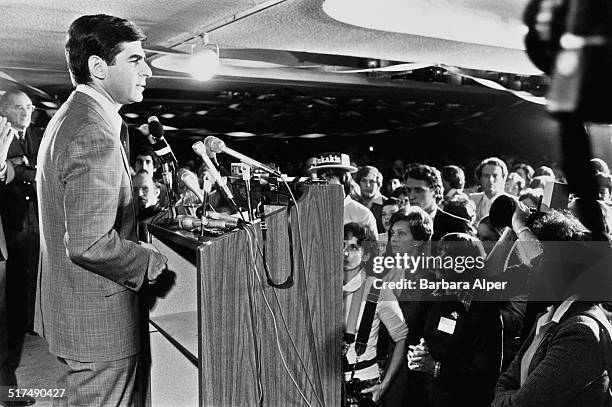 American Democrat politician Michael Dukakis talking to journalists at the Massachusetts Democratic gubernatorial primary, Boston, Massachusetts, 7th...