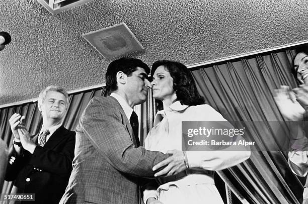 American Democrat politician Michael Dukakis and his wife Kitty at the Massachusetts Democratic gubernatorial primary election, Boston,...