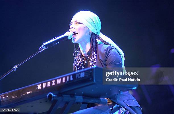 American musician and actress Alicia Keys performs onstage, Chicago, Illinois, February 7, 2002.