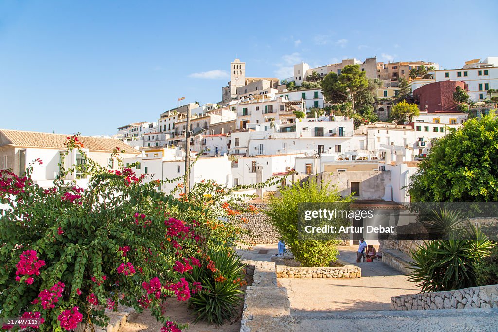 The Ibiza old town with flowers on summertime.