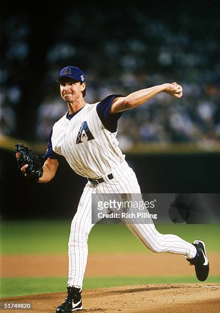 Randy Johnson of the Arizona Diamondbacks delivers a pitch during Game Six of the 2001 World Series against the New York Yankees at Bank One Ballpark...