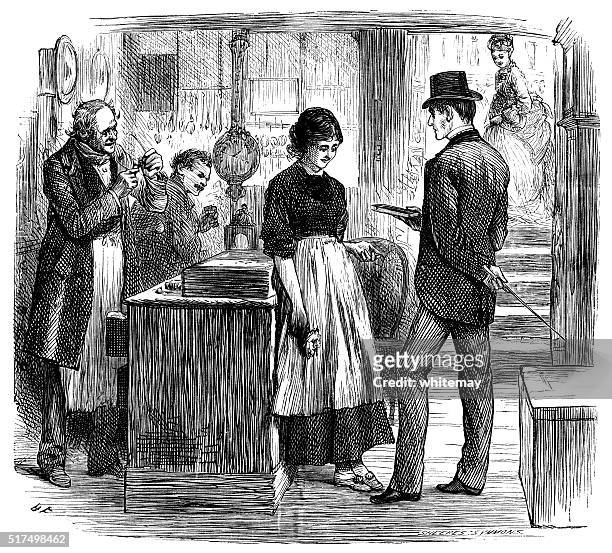 viktorianische kunden in liebe mit einem mädchen - uhrmacher stock-grafiken, -clipart, -cartoons und -symbole
