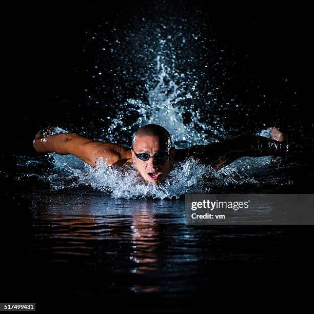 junger mann beim delfinschwimmen - butterfly stroke stock-fotos und bilder