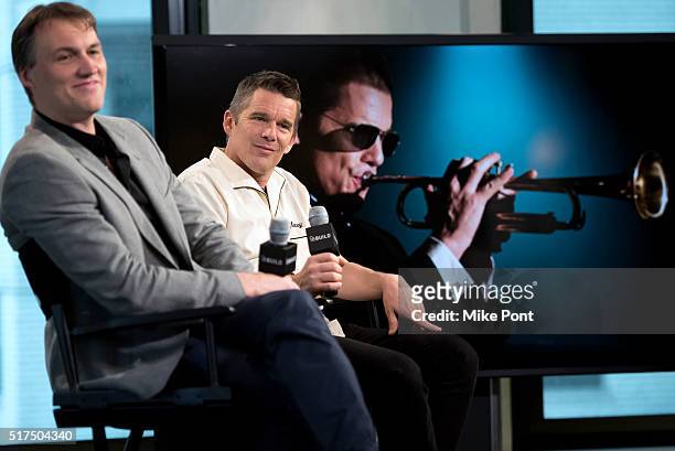 Director Robert Budreau and actor Ethan Hawke attend the AOL Build Speaker Series to discuss "Born To Be Blue" at AOL Studios In New York on March...