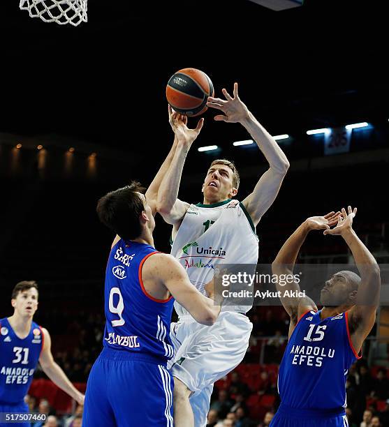 Fran Vazquez, #17 of Unicaja Malaga in action during the 2015-2016 Turkish Airlines Euroleague Basketball Top 16 Round 12 game between Anadolu Efes...