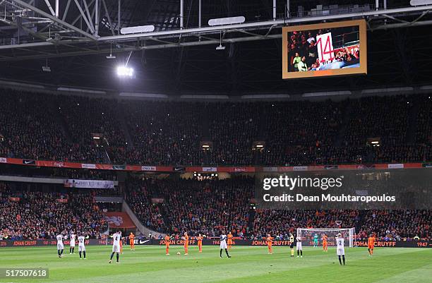 The game is stopped in the 14th minute for a minute's silence to remember Johan Cruyff of Netherlands during the International Friendly match between...