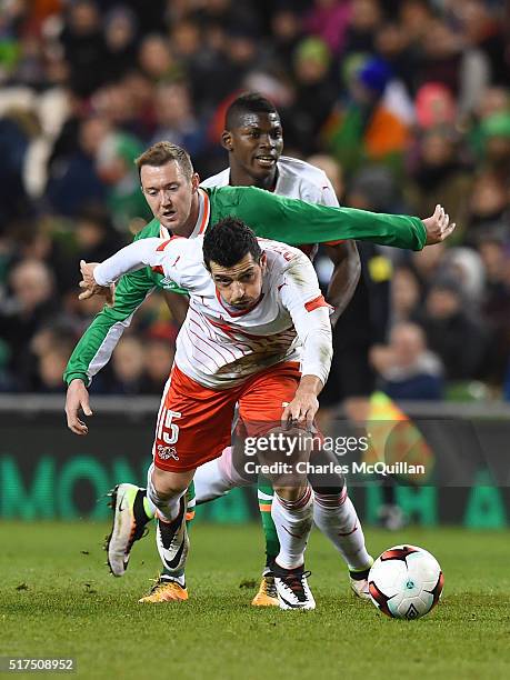 Aiden McGeady of the Republic of Ireland and Berlim Dzemaili of Switzerland during the international friendly match between the Republic of Ireland...