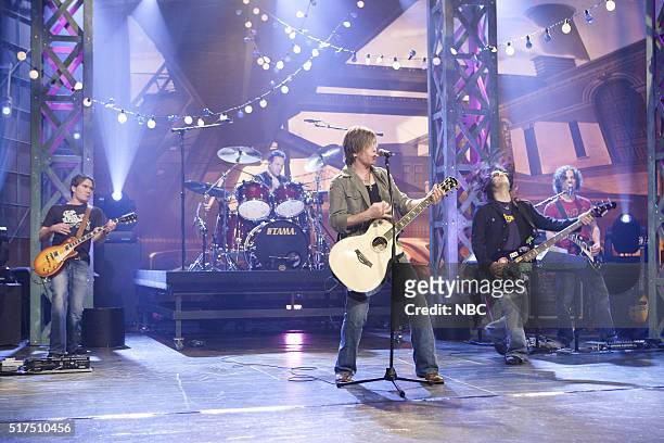 Episode 3272 -- Pictured: Musicians Mike Malinin, John Rzeznik and Robby Takac of musical guest Goo Goo Dolls perform on December 14, 2006 --