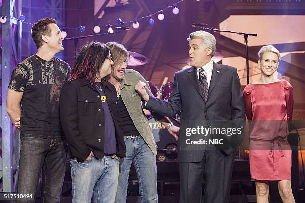 Episode 3272 -- Pictured: Musicians Mike Malinin, Robby Takac, and John Rzeznik of musical guest Goo Goo Dolls with host Jay Leno and actress Naomi...