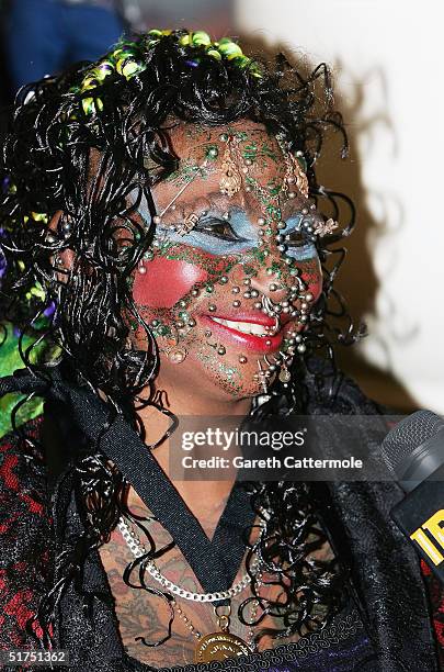 Elaine Davidson the most pierced woman attends the Guinness World Records - 50th Anniversary Party at the Royal Opera House on November 16, 2004 in...