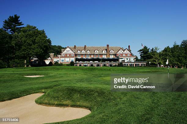 The green with clubhouse behind 553 yard par 5 18th hole on the Lower Course at Baltusrol Golf Club venue for the 2005 USPGA Championship, on...