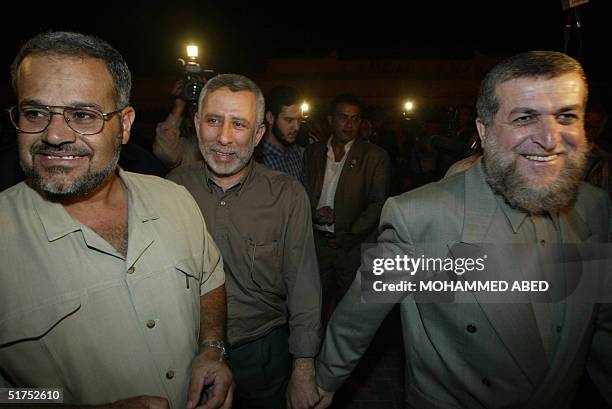 Leaders of the radical Islamic Jihad group, Mohammed al-Hindi , Nafez Azam and Khader Habib arrive for a meeting with the new head of the Palestine...