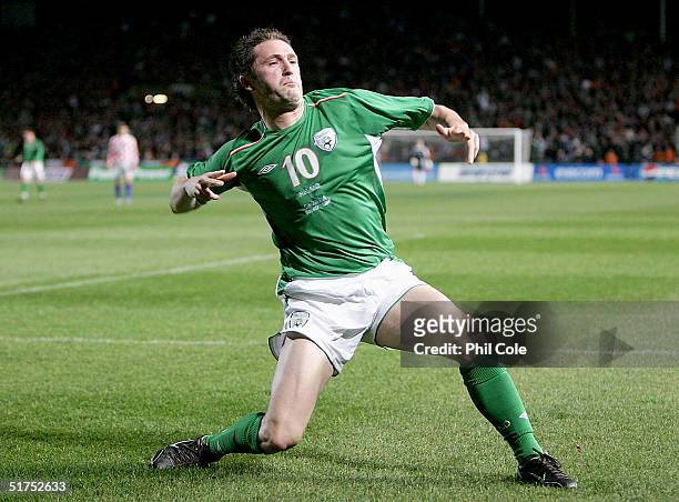 Robbie Keane of Ireland celebrates scoring during the Friendly match between Ireland and Croatia at Landsdowne Road on November 16, 2004 in Dublin,...