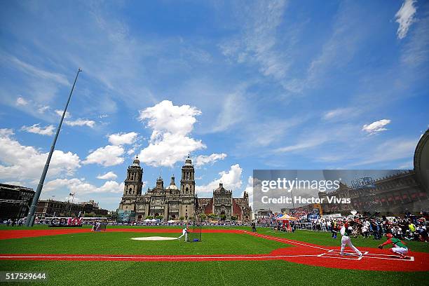 Carlos Valencia in action during the Home Run Derby La Revancha at Zocalo Main Square on March 25, 2016 in Mexico City, Mexico.