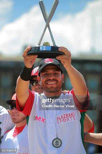 Carlos Valencia celebrates during the Home Run Derby La Revancha at Zocalo Main Square on March 25, 2016 in Mexico City, Mexico.