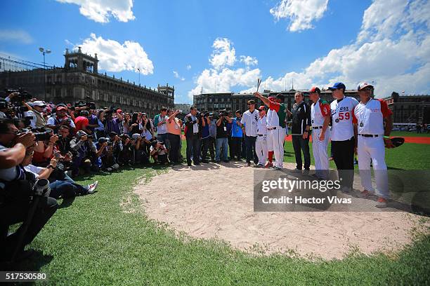 Carlos Valencia celebrates during the Home Run Derby La Revancha at Zocalo Main Square on March 25, 2016 in Mexico City, Mexico.