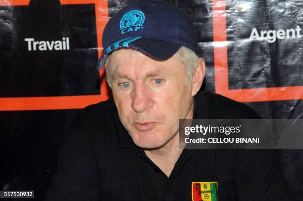 Guinea's French head coach Luis Fernandez speaks at the Stade 28 Septembre stadium on March 25, 2016 in Conakry, during their 2017 African Cup of...